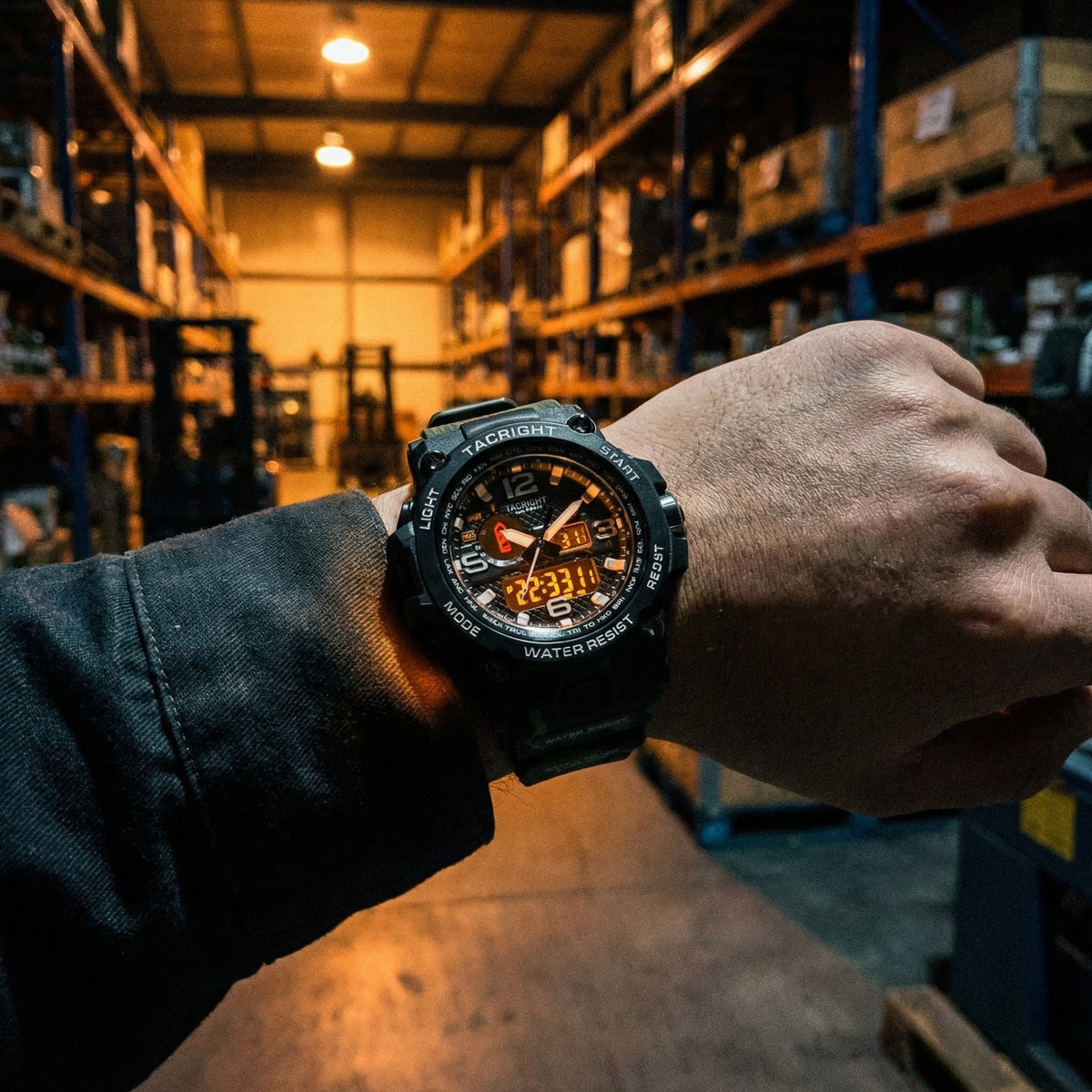 Tacright Military Watch worn on a work shift in a warehouse