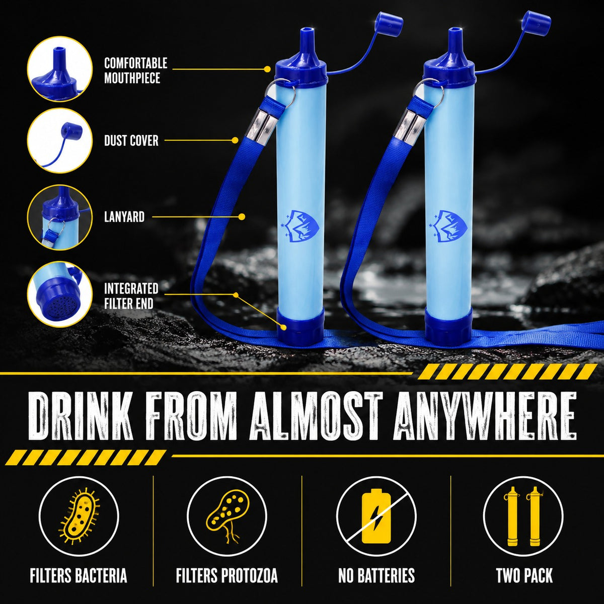 Water Filter Straw parts: mouthpiece, dust cover, lanyard, filter end