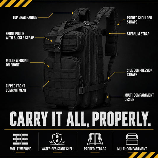 Tactical MOLLE backpack, features labelled