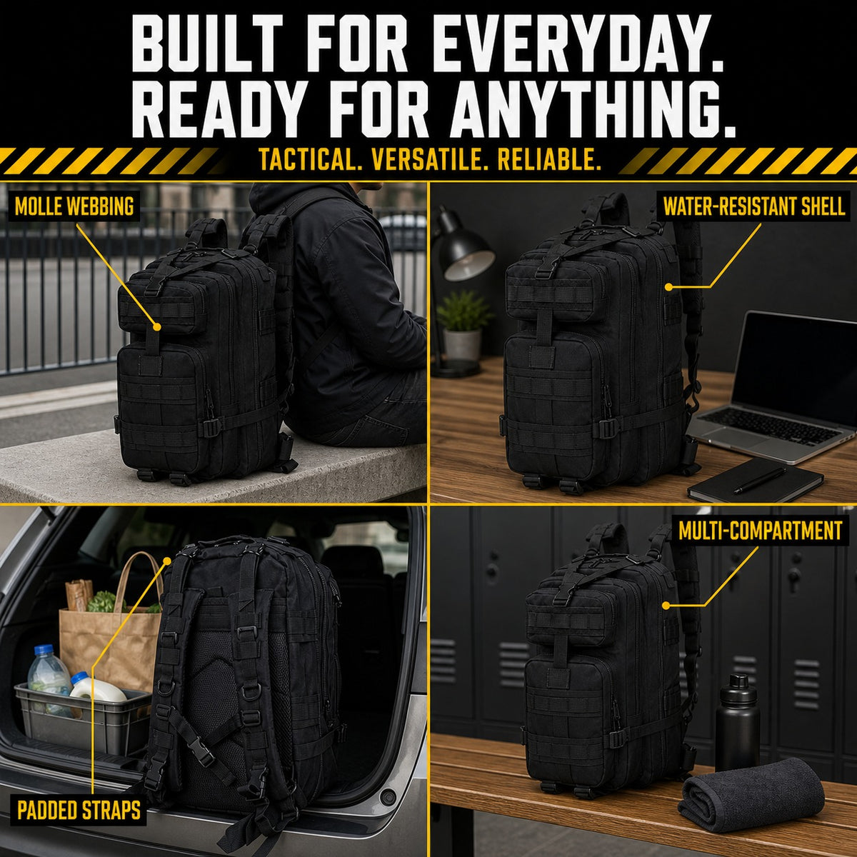 Tactical backpack shown across four uses