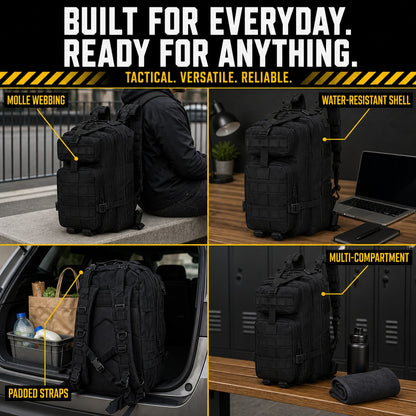 Tactical backpack shown across four uses