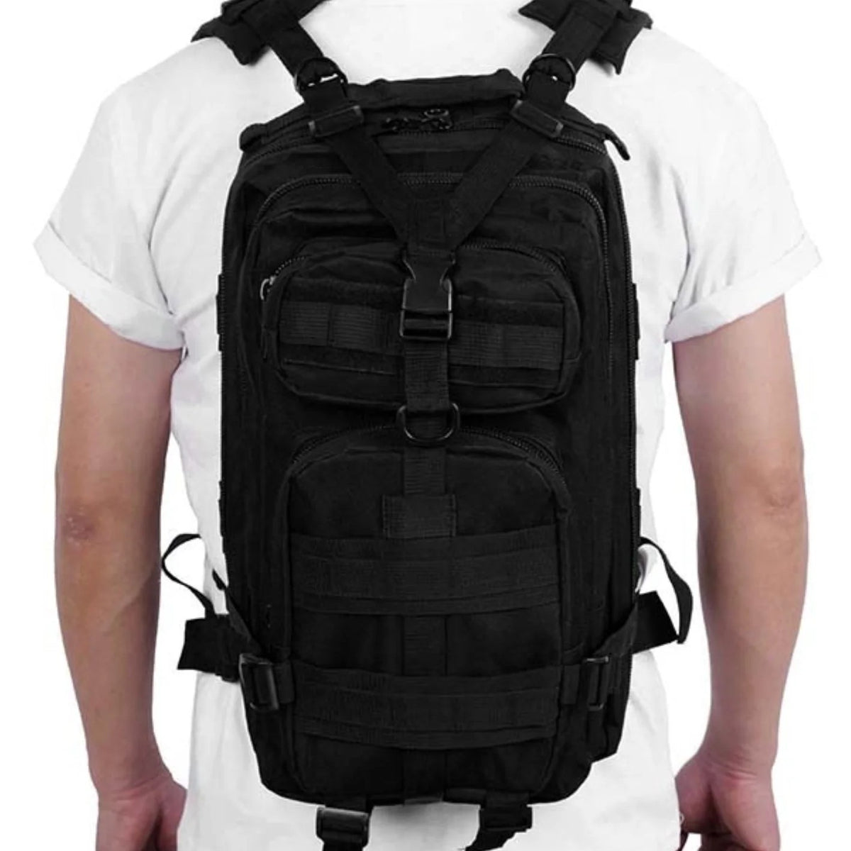 Tactical backpack photographed outdoors