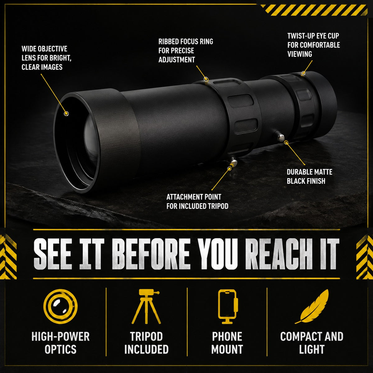 Telescope Monocular features: high-power optics, tripod included, phone mount, compact and light