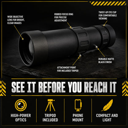 Telescope Monocular features: high-power optics, tripod included, phone mount, compact and light