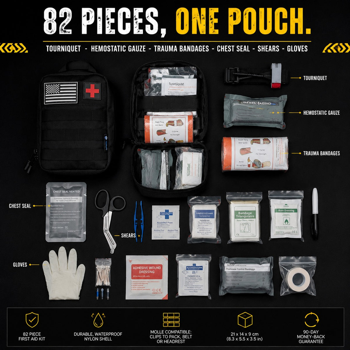 All 82 pieces of the Trauma First Aid Kit labelled: tourniquet, hemostatic gauze, trauma bandages, chest seal, shears, gloves