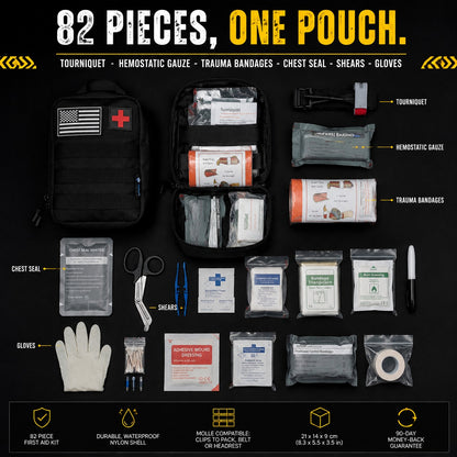 All 82 pieces of the Trauma First Aid Kit labelled: tourniquet, hemostatic gauze, trauma bandages, chest seal, shears, gloves