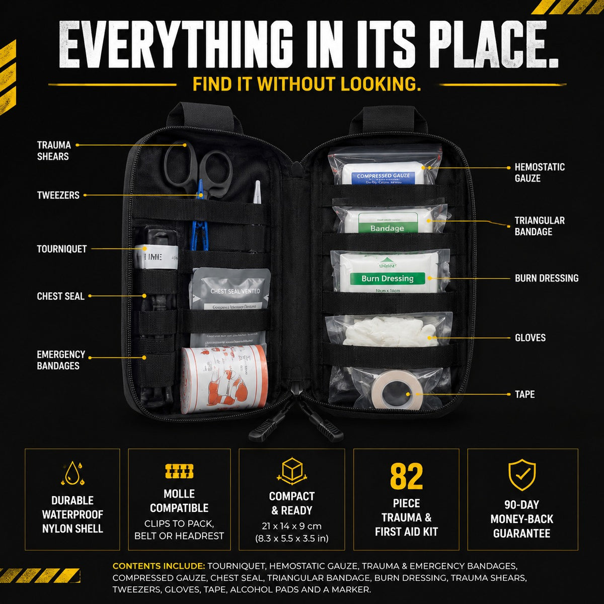 Trauma First Aid Kit opened flat with every item labelled in its elastic loop panel