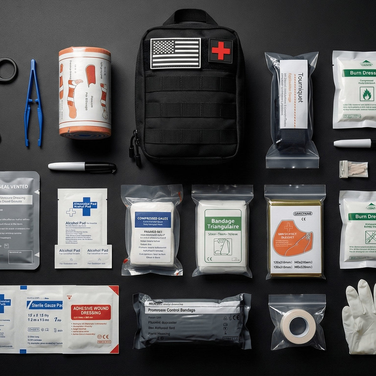 All 82 pieces of the Trauma First Aid Kit laid out: tourniquet, gauze, bandages, shears and gloves